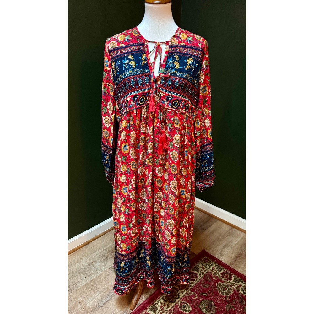 R Vivimos Red Floral Bohemian Hippie Cottagecore Long Sleeve Maxi Dress Med - Picture 1 of 8